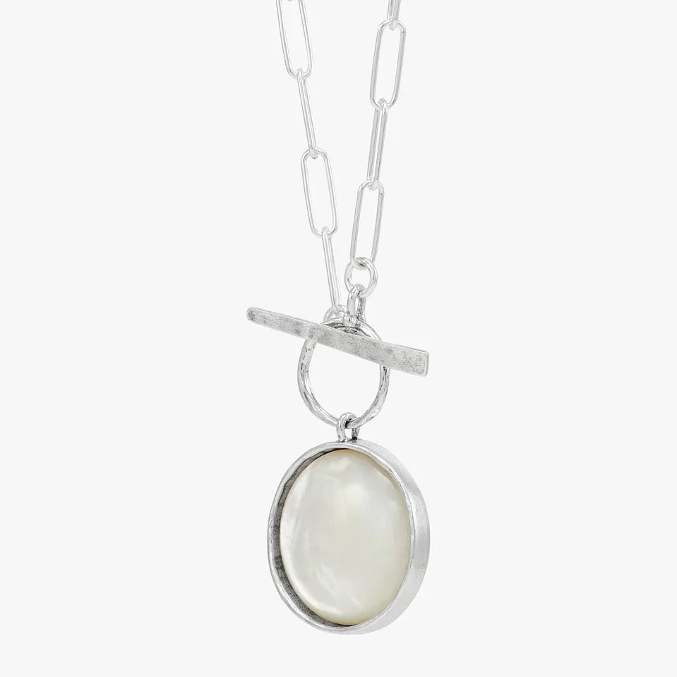 Round Mother of Pearl Toggle Silver Necklace