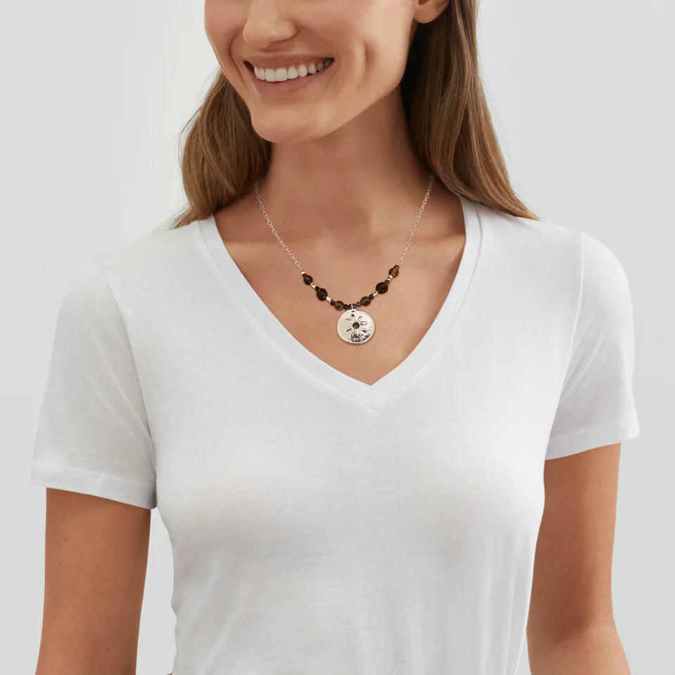 Silver Floral Charm Necklace with Smoky Beads