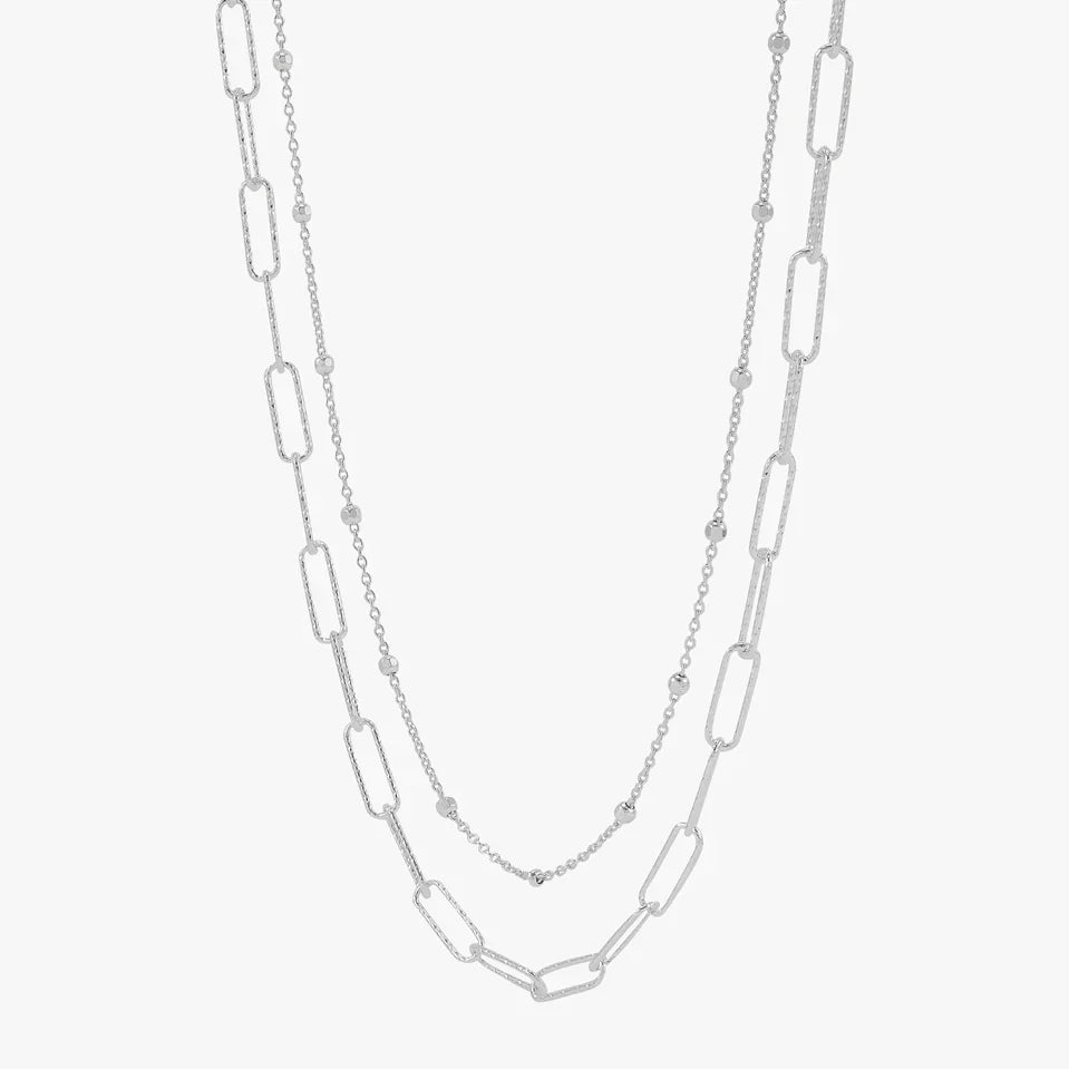 Silver Layered Paperclip and Beaded Chain Necklace
