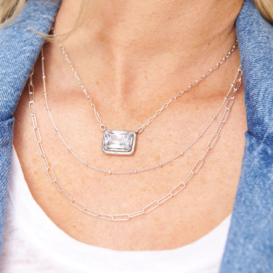 Silver Layered Paperclip and Beaded Chain Necklace