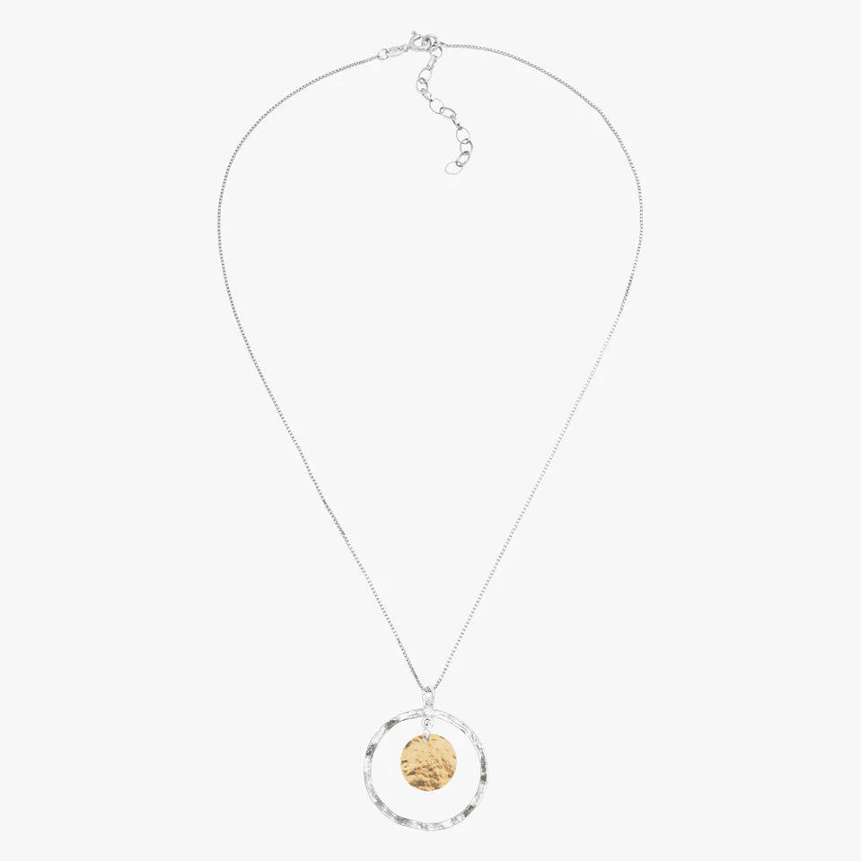 Textured Dual Element Silver Circle Pendant Necklace