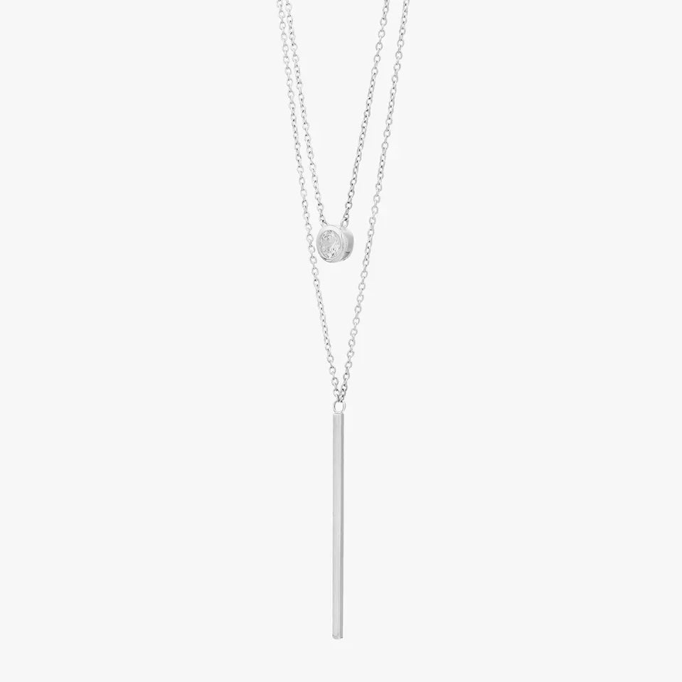Layered Bar and Stone Silver Necklace