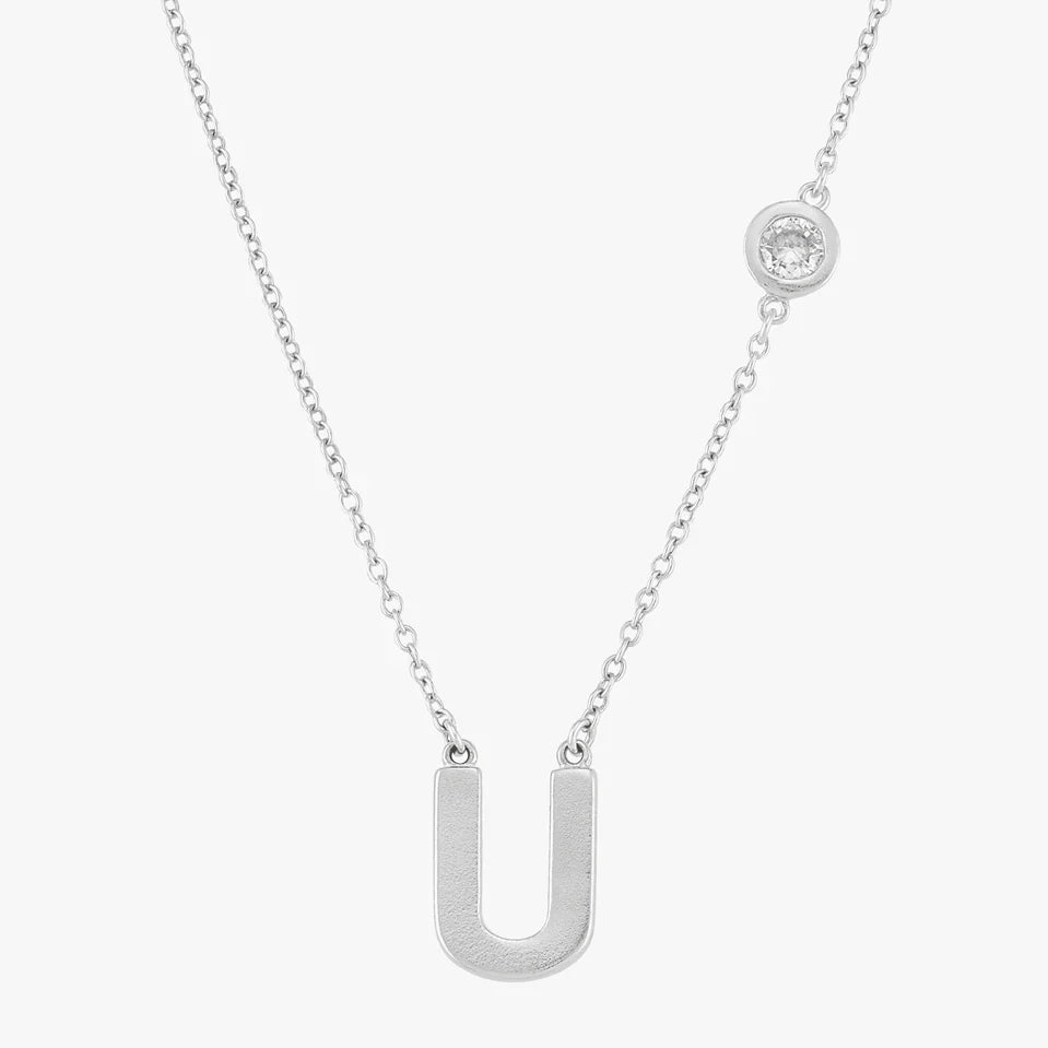 Initial U Silver Necklace with Stone Accent