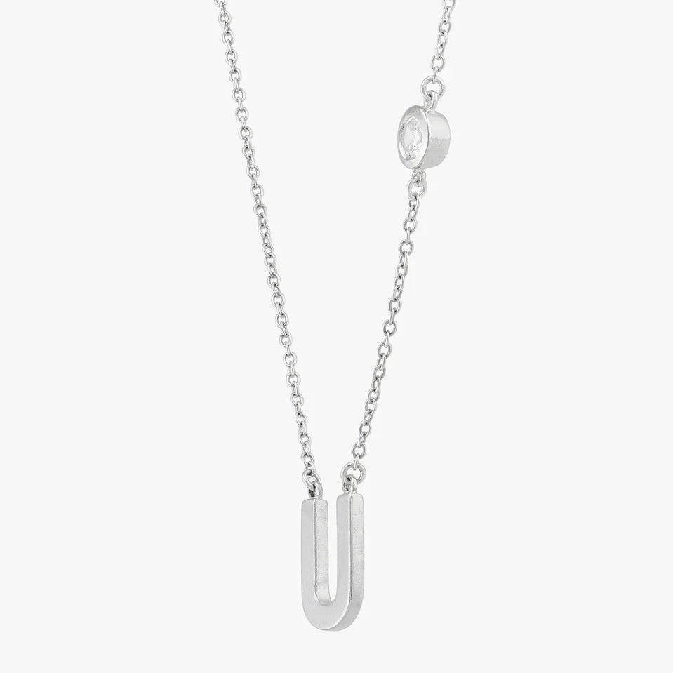 Initial U Silver Necklace with Stone Accent