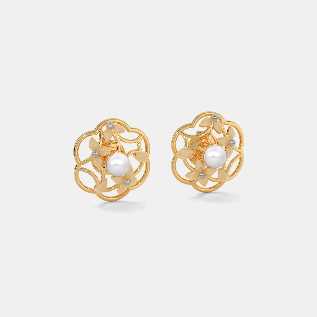 Silver Floral Pearl Stud Earrings