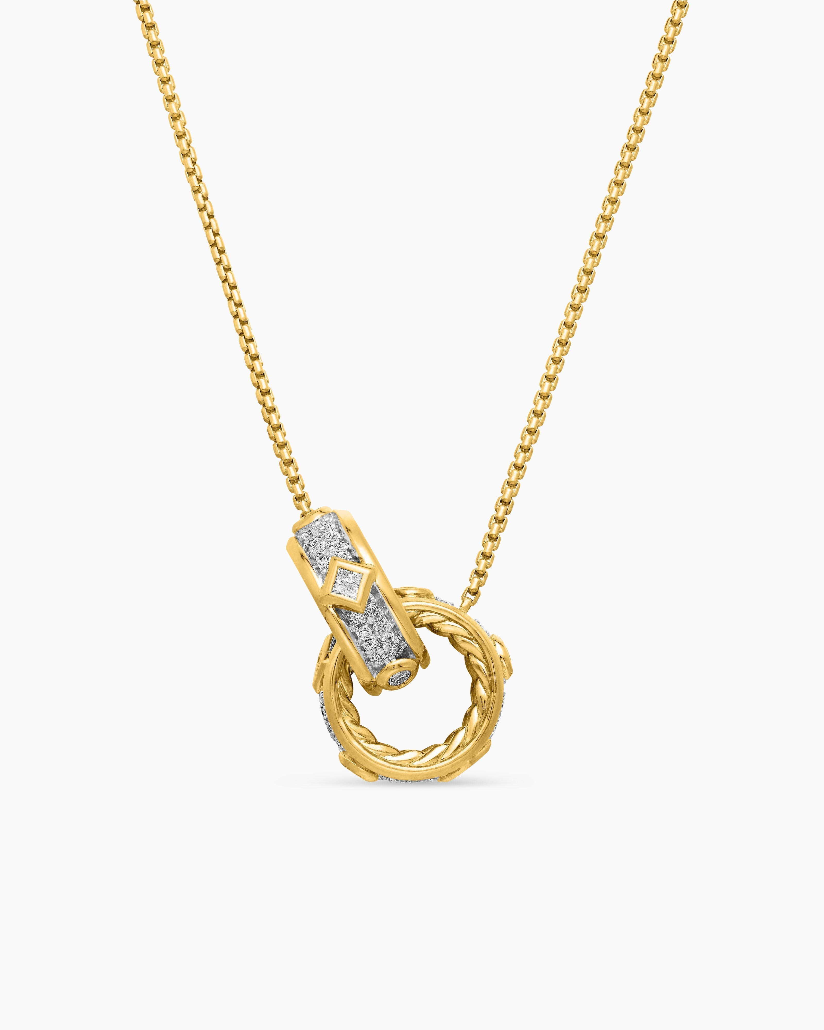 Gold Plated Silver Interlocking Textured Circle and Diamond Pendant Necklace for Women