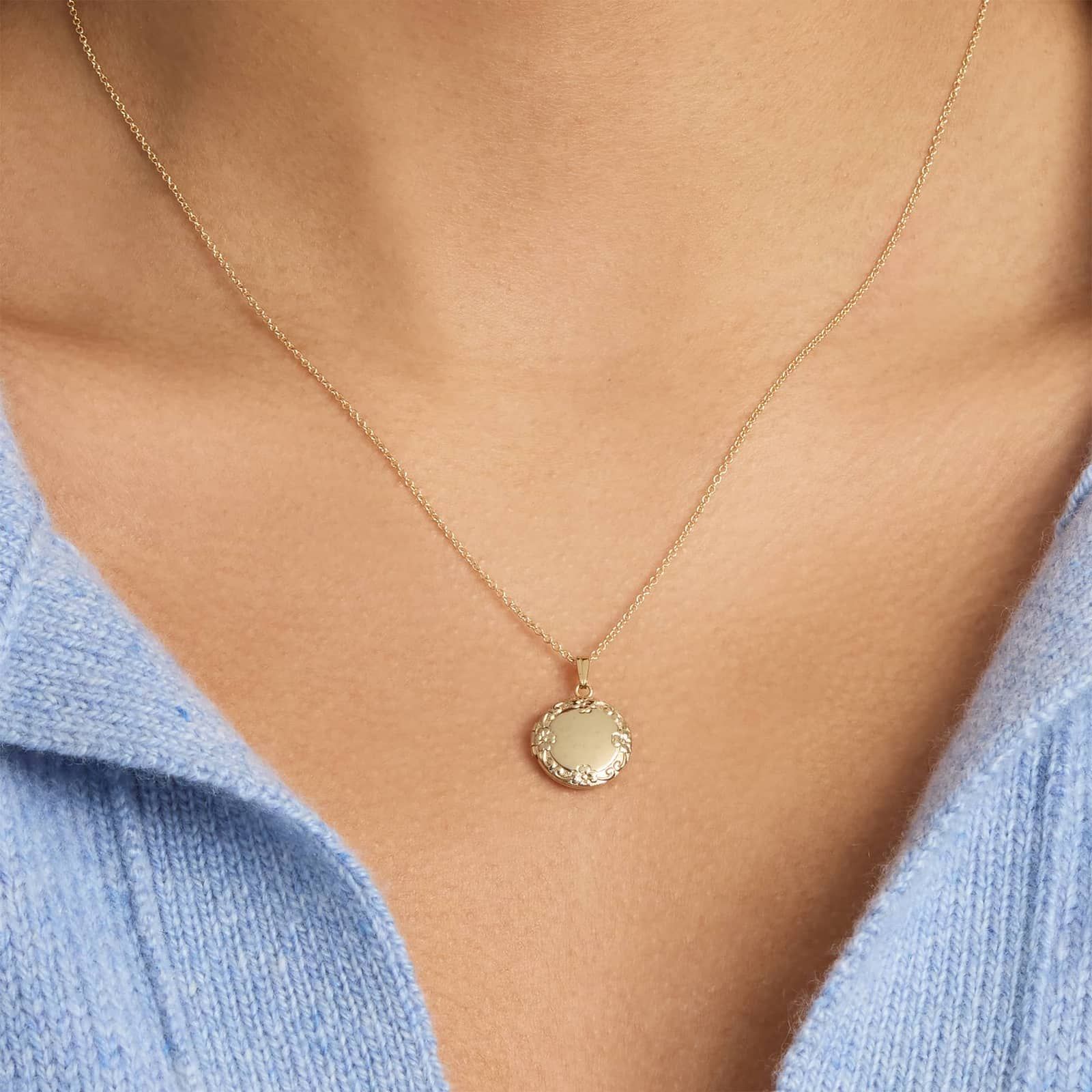 Silver Floral Engraved Round Locket Necklace for Women