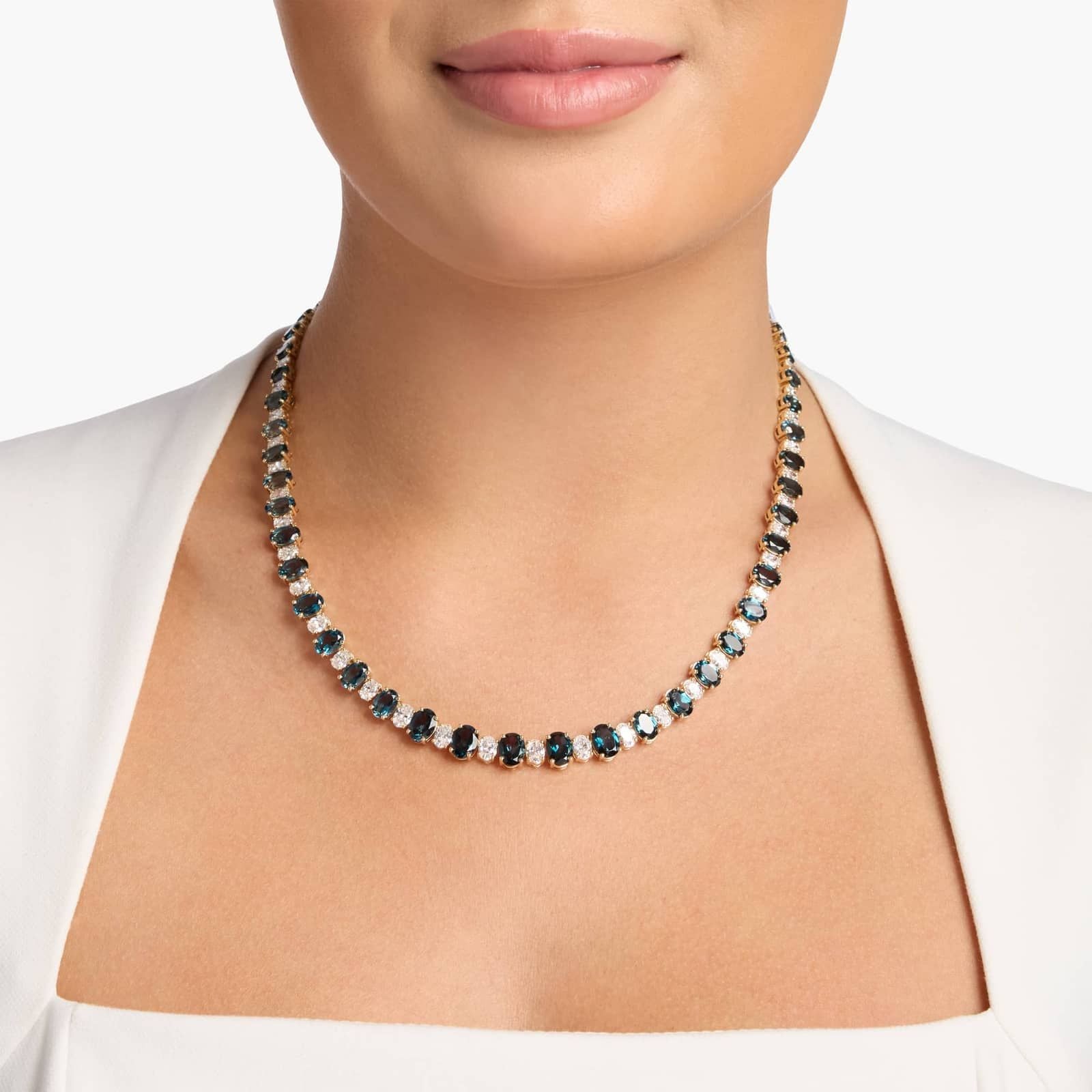 Silver Blue Stone and Diamond Tennis Necklace for Women