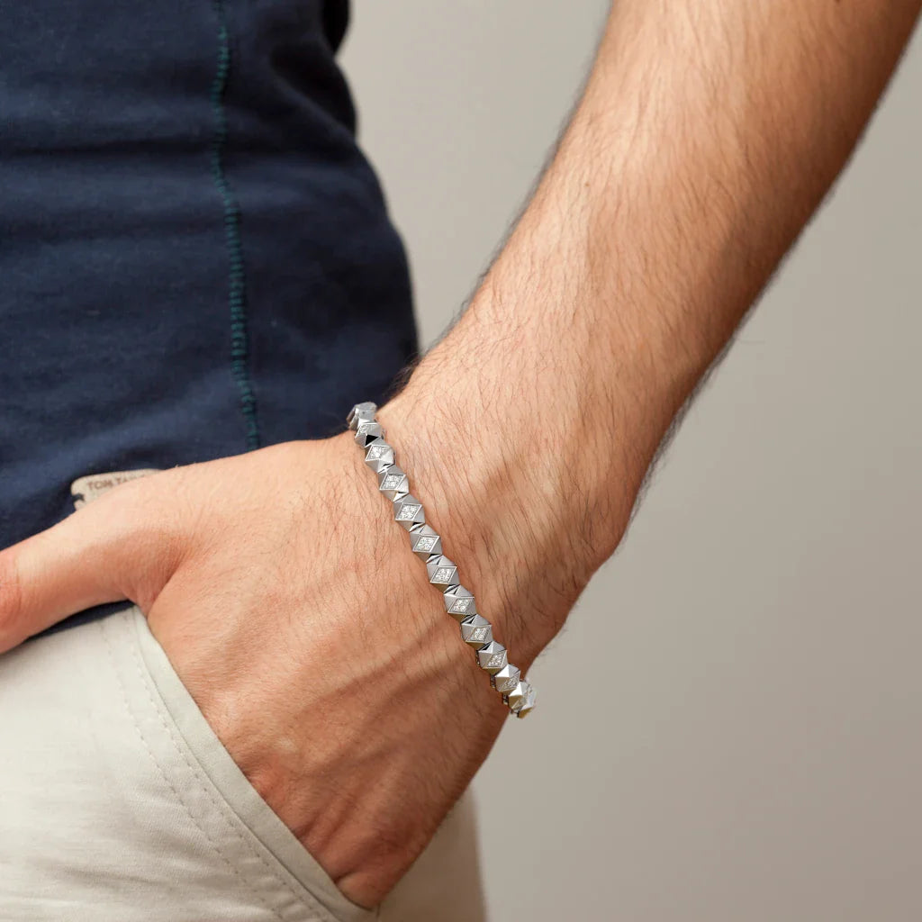 Sterling Silver Pyramid Stud Diamond Bracelet for Men