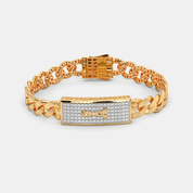 Men’s Gold Curb Link Bracelet with Diamond Pavé Plate & Raised Center Motif