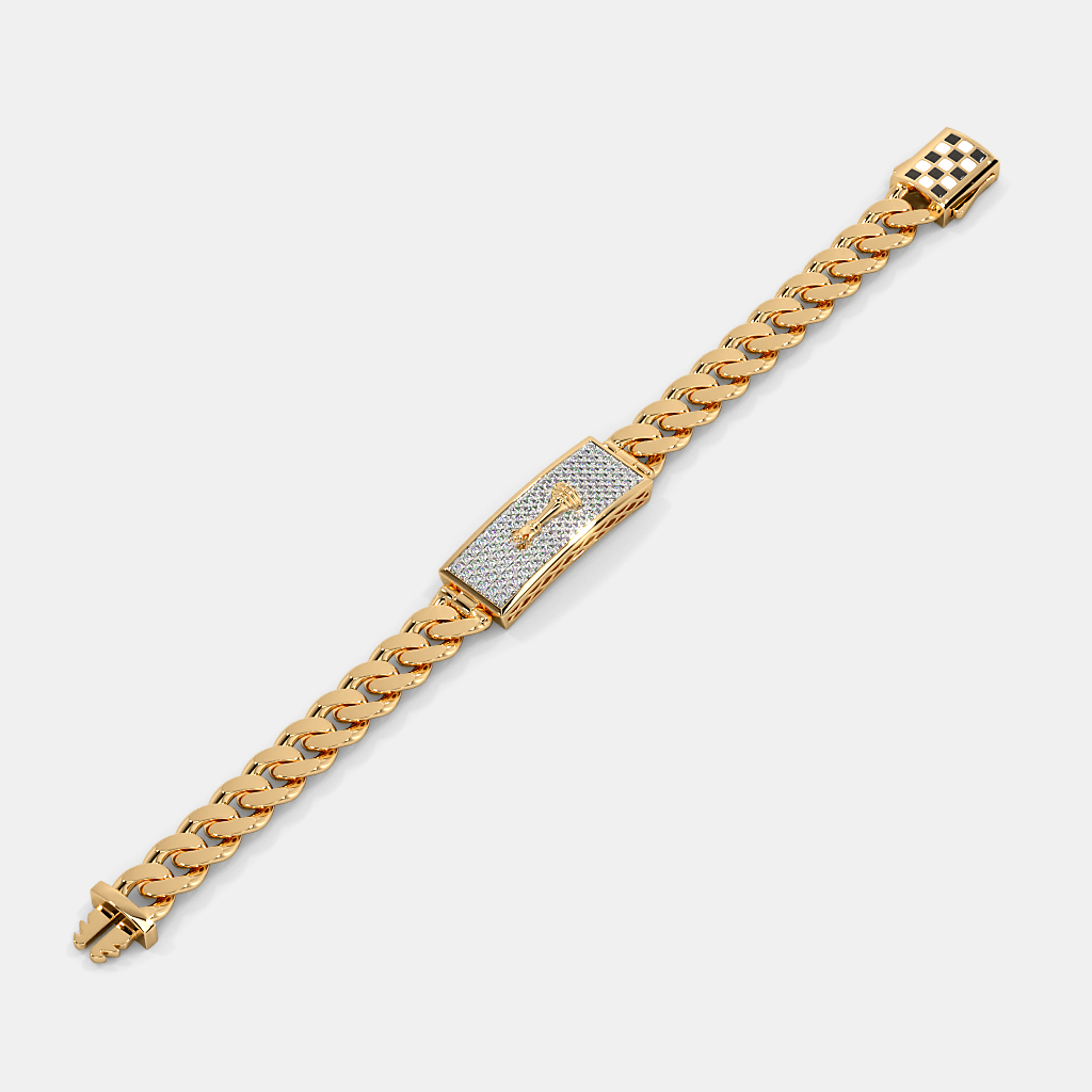 Men’s Gold Curb Link Bracelet with Diamond Pavé Plate & Raised Center Motif
