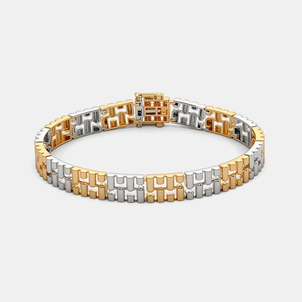 Men’s Two Tone Gold Link Bracelet with Fine Brick Pattern