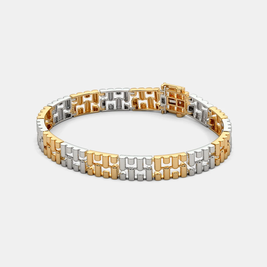 Men’s Two Tone Gold Link Bracelet with Fine Brick Pattern