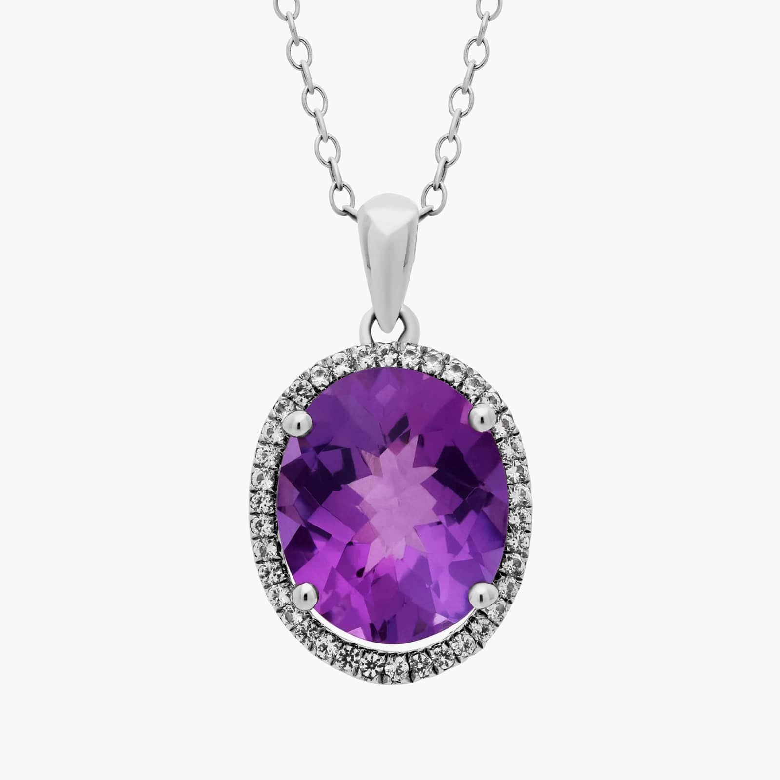 Sterling Silver Oval Amethyst Diamond Halo Pendant Necklace