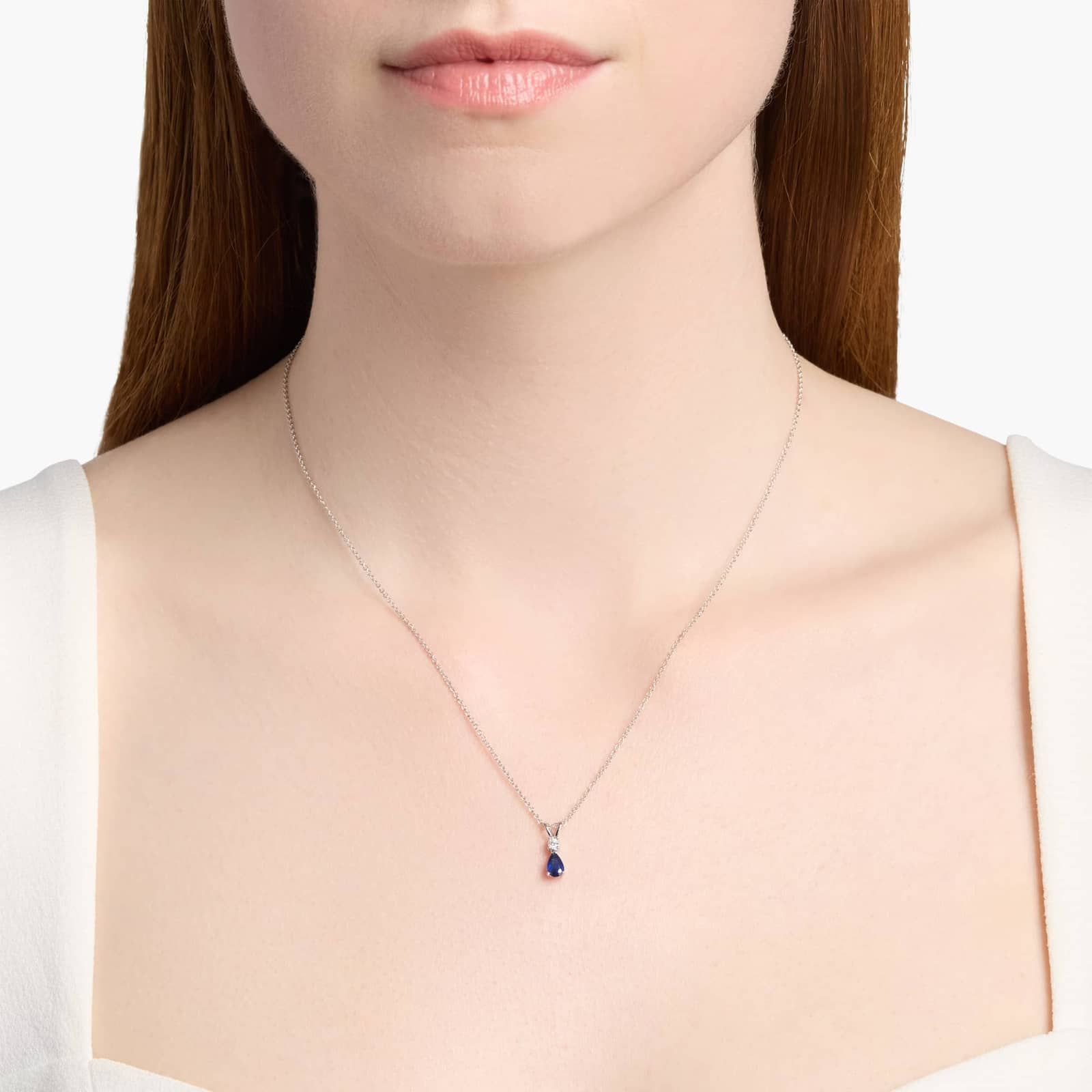 Sterling Silver Pear Blue Sapphire Solitaire Diamond Pendant Necklace
