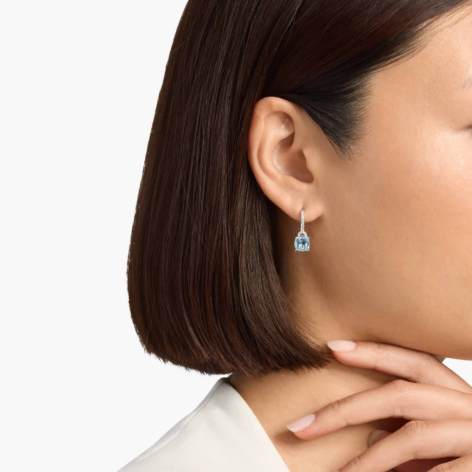 Sterling Silver Aquamarine Cushion Cut Diamond Drop Earrings