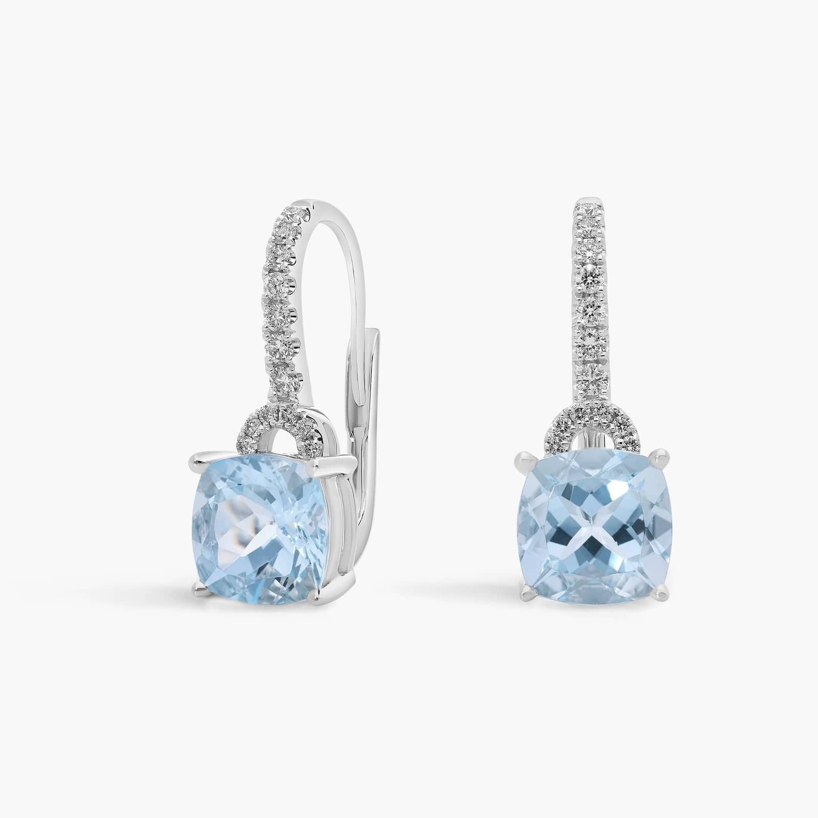 Sterling Silver Aquamarine Cushion Cut Diamond Drop Earrings