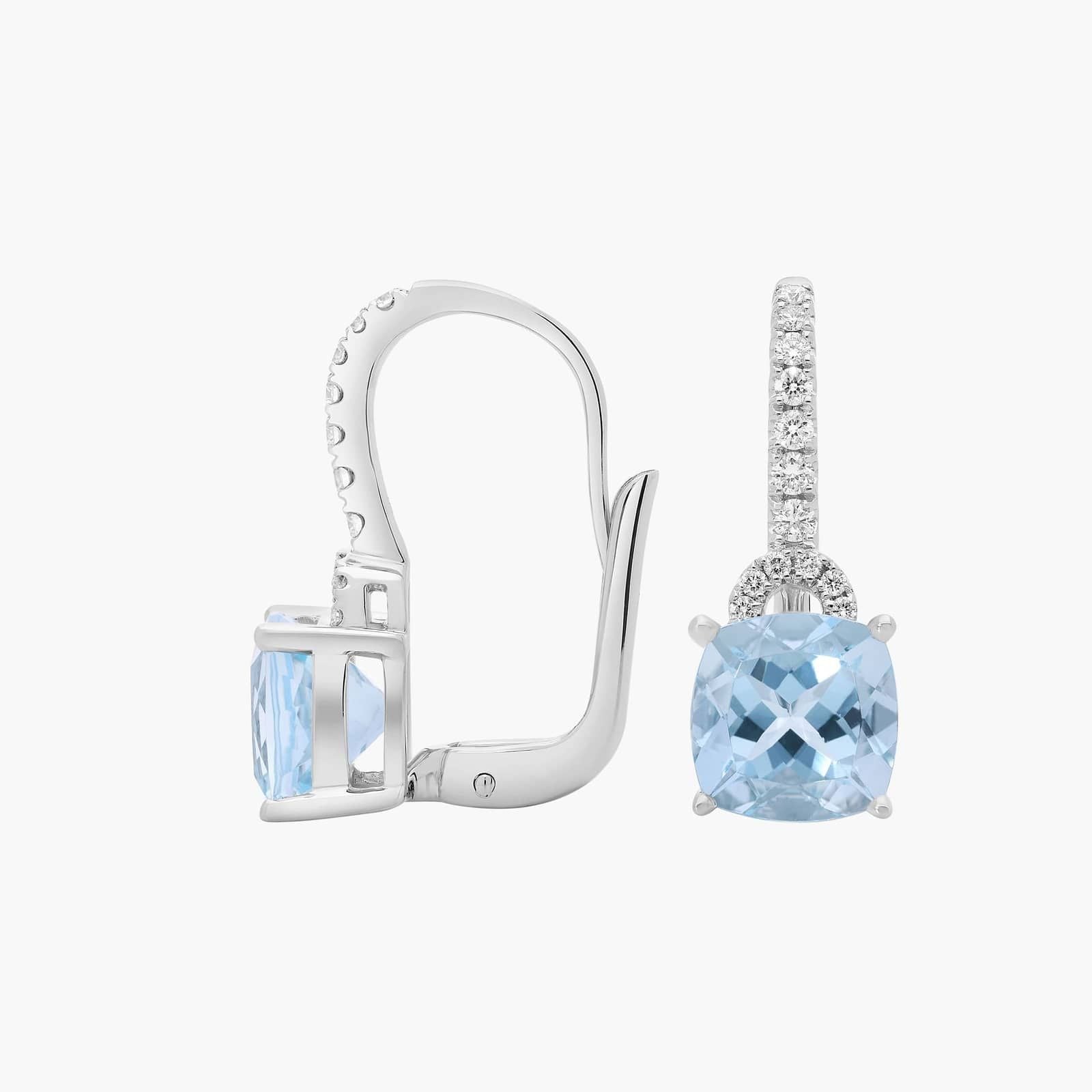 Sterling Silver Aquamarine Cushion Cut Diamond Drop Earrings