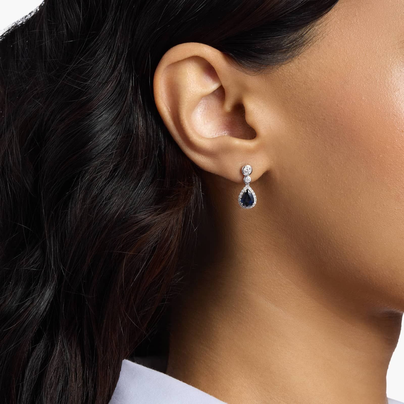 Sterling Silver Blue Sapphire Diamond Drop Earrings