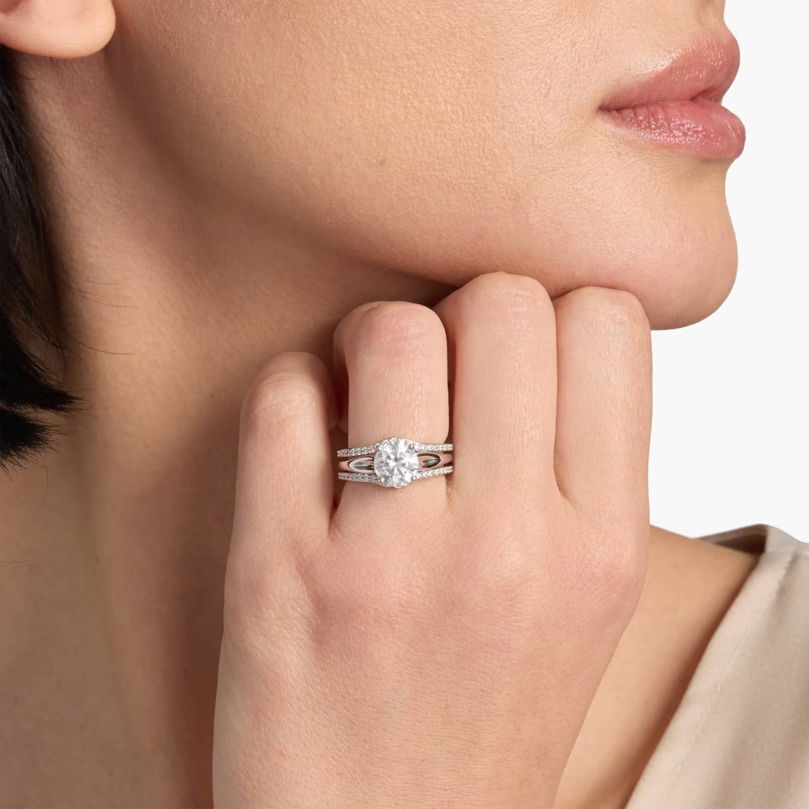 Sterling Silver Diamond Double Chevron Stack Ring for Women