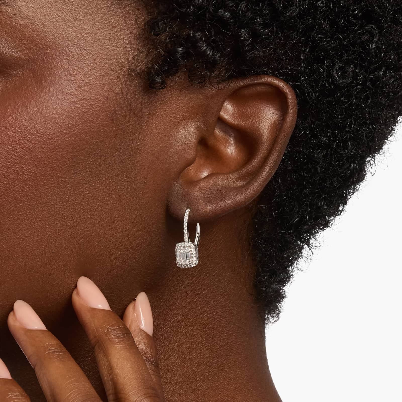 Sterling Silver Emerald Cut Diamond Drop Earrings