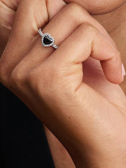 Sterling Silver Black Heart Stone Halo Ring for Women