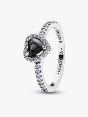 Sterling Silver Black Heart Stone Halo Ring for Women