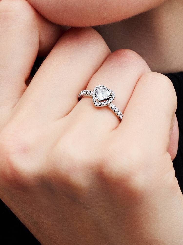 Sterling Silver Clear Heart Stone Halo Ring for Women