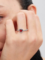 Sterling Silver Red Heart Stone Halo Ring for Women