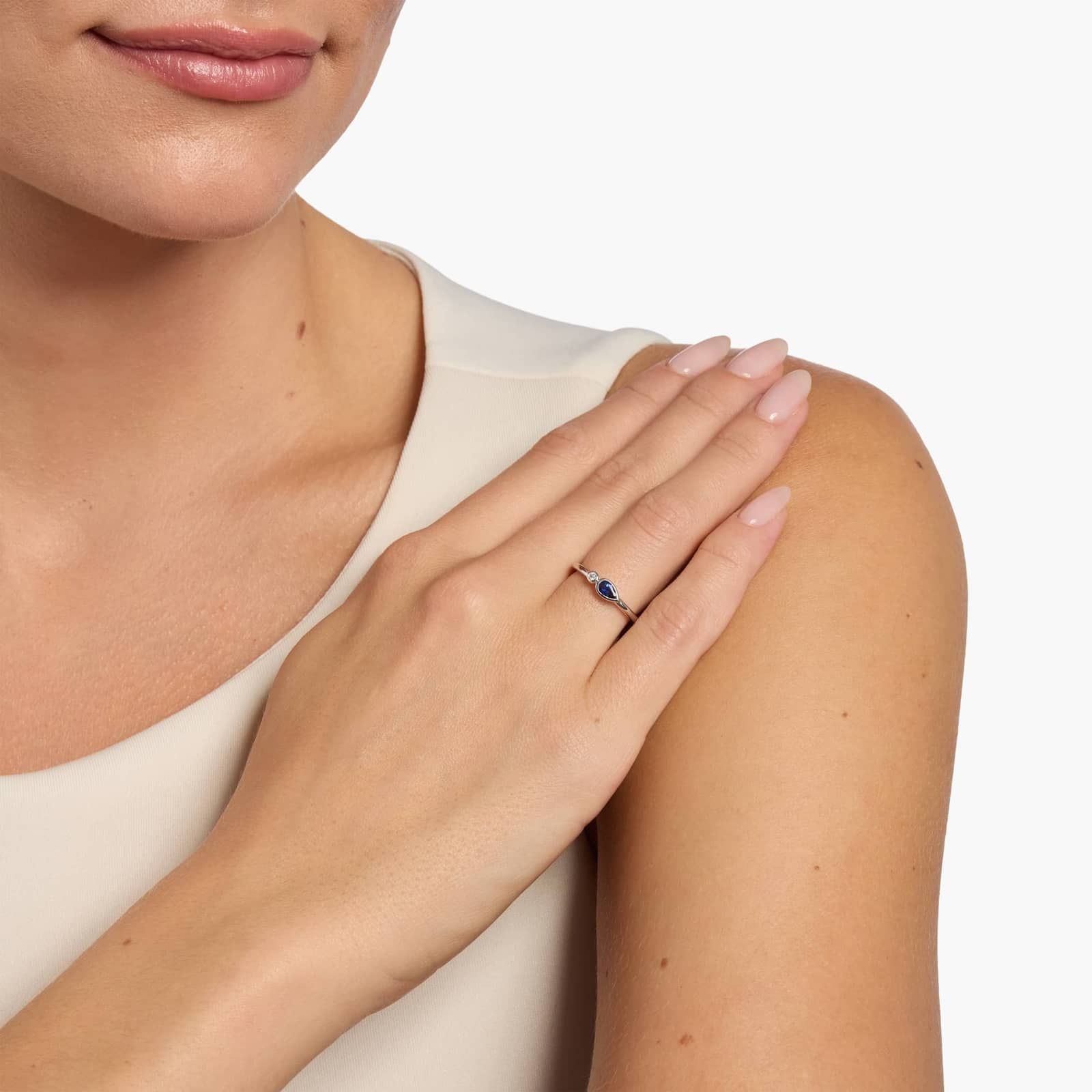 Sterling Silver Pear Blue Gemstone Diamond Ring