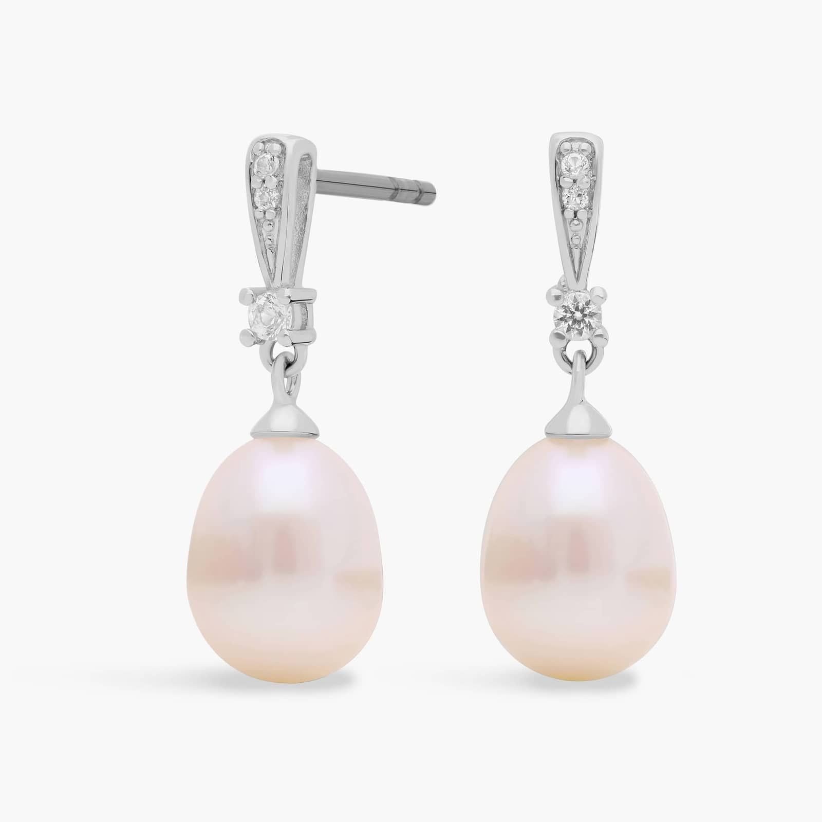 Sterling Silver Pearl Diamond Drop Earrings