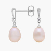 Sterling Silver Pearl Diamond Drop Earrings