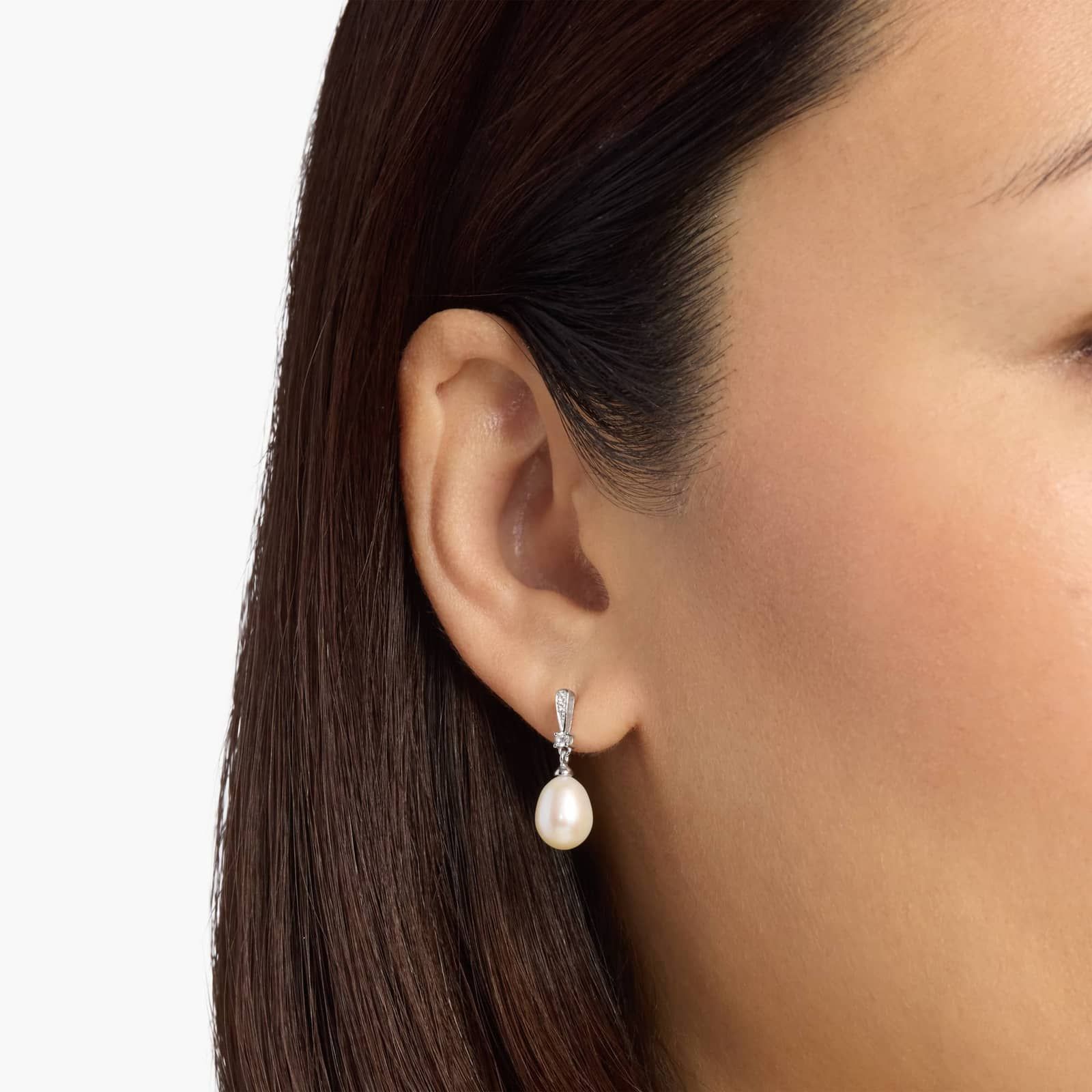 Sterling Silver Pearl Diamond Drop Earrings