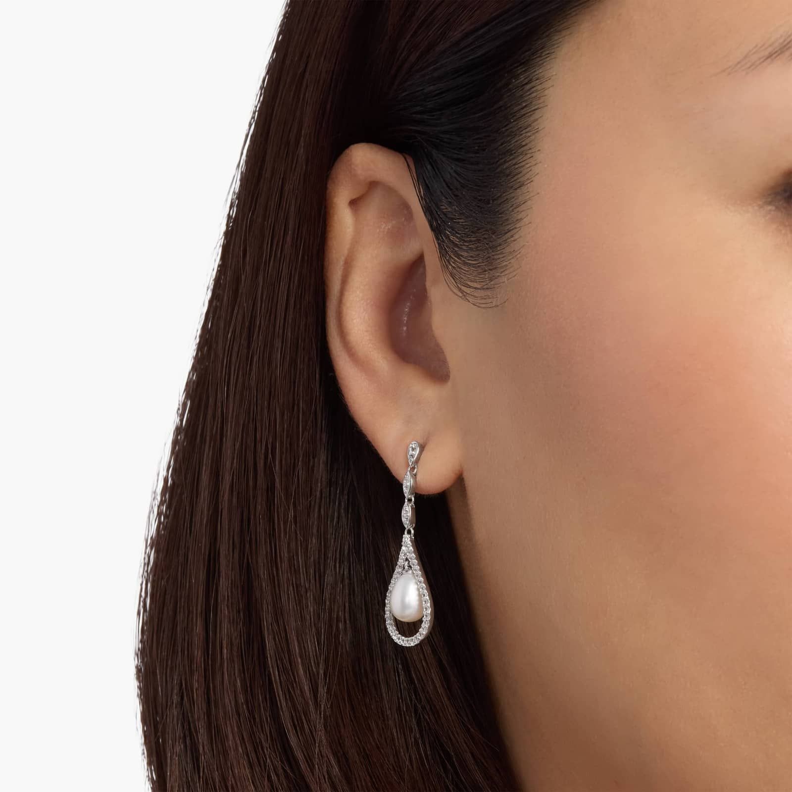 Sterling Silver Pearl Diamond Teardrop Drop Earrings