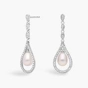 Sterling Silver Pearl Diamond Teardrop Drop Earrings