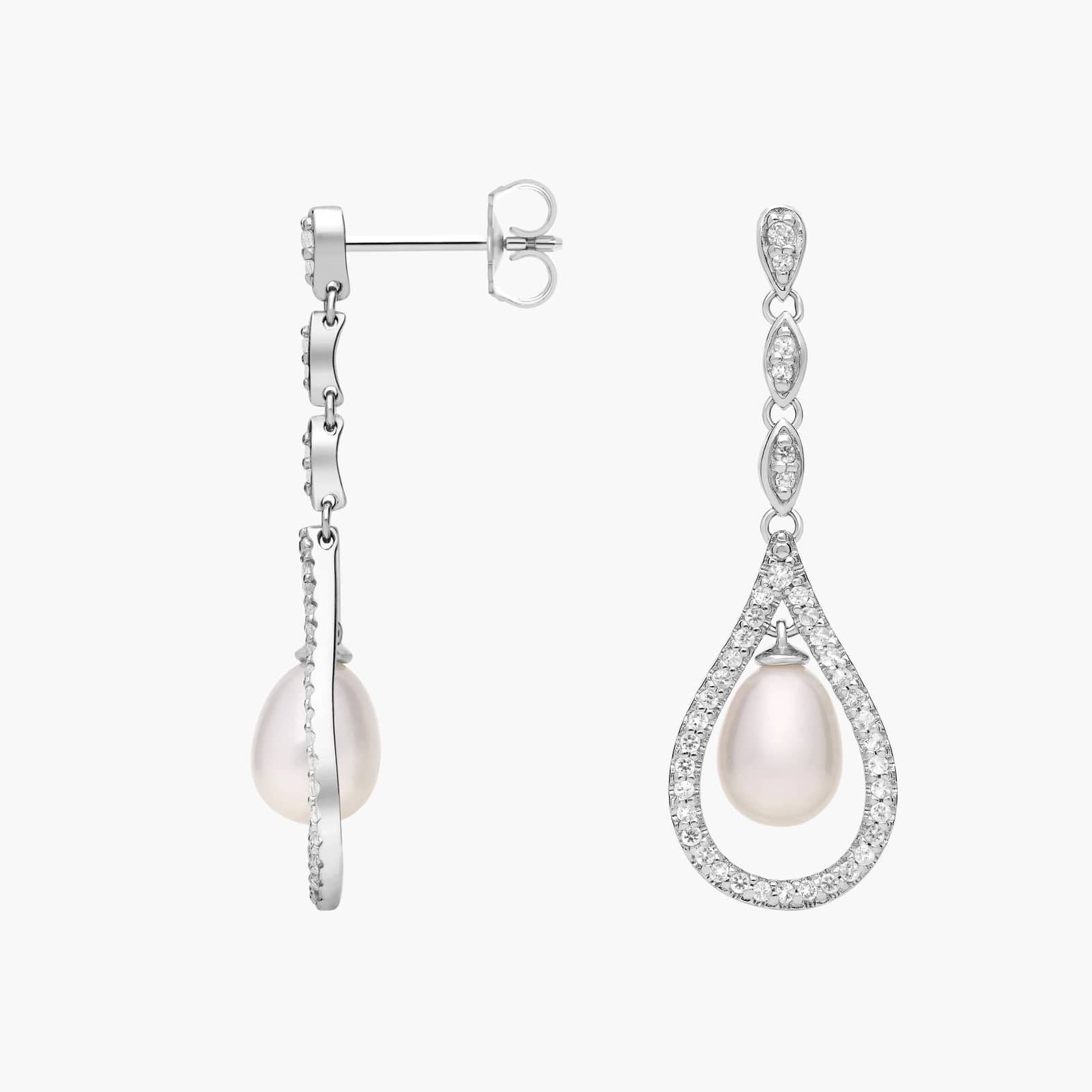 Sterling Silver Pearl Diamond Teardrop Drop Earrings
