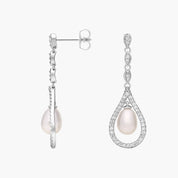 Sterling Silver Pearl Diamond Teardrop Drop Earrings