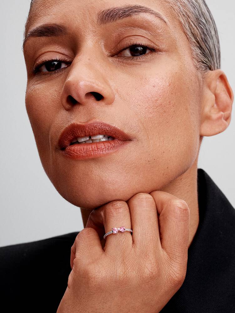 Sterling Silver Pink Heart Stone Double Heart Ring for Women