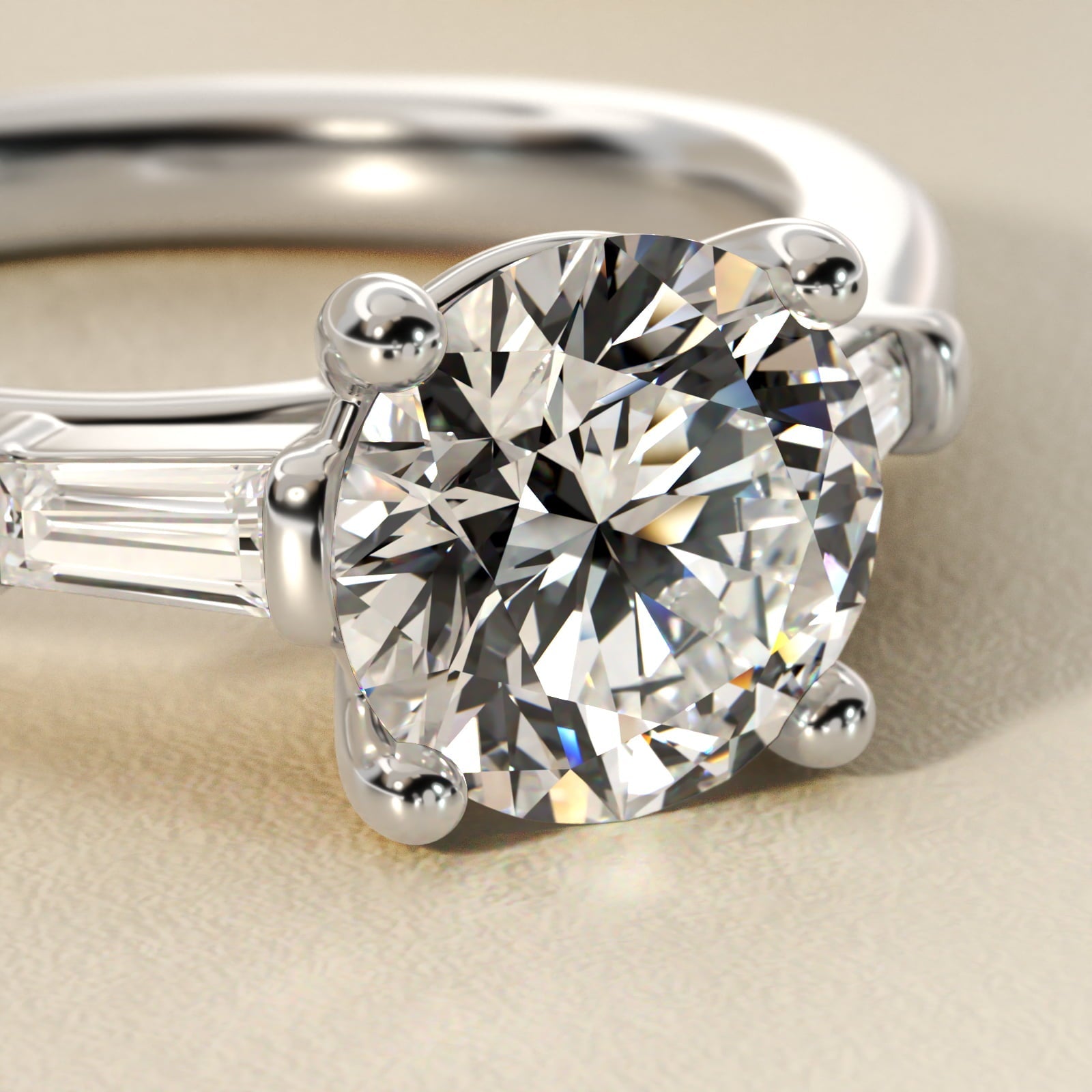 Sterling Silver Round Diamond Solitaire Ring with Baguette Side Accents