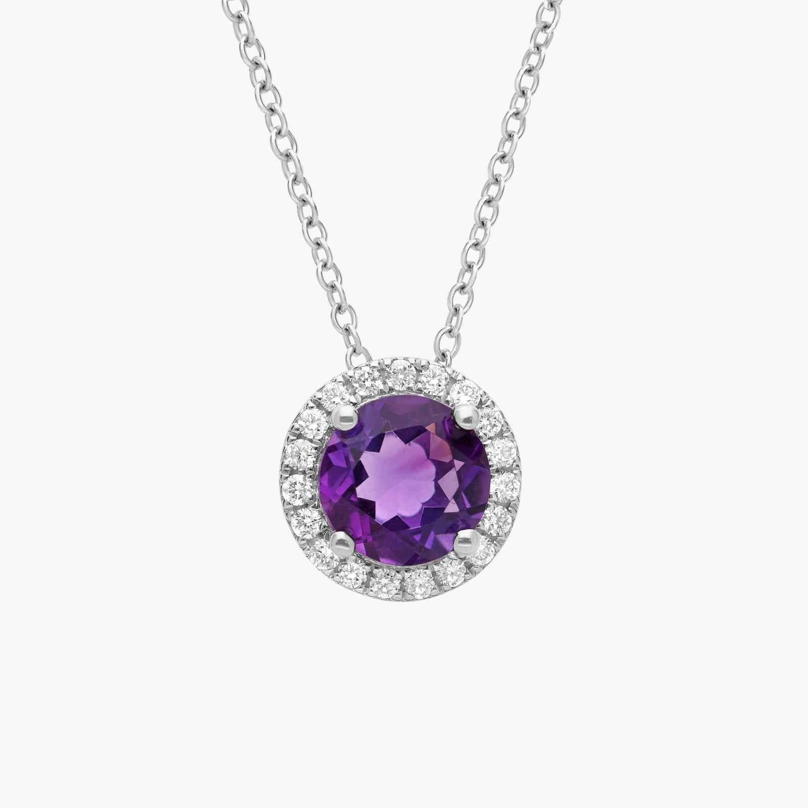 Sterling Silver Amethyst Diamond Halo Pendant Chain Necklace