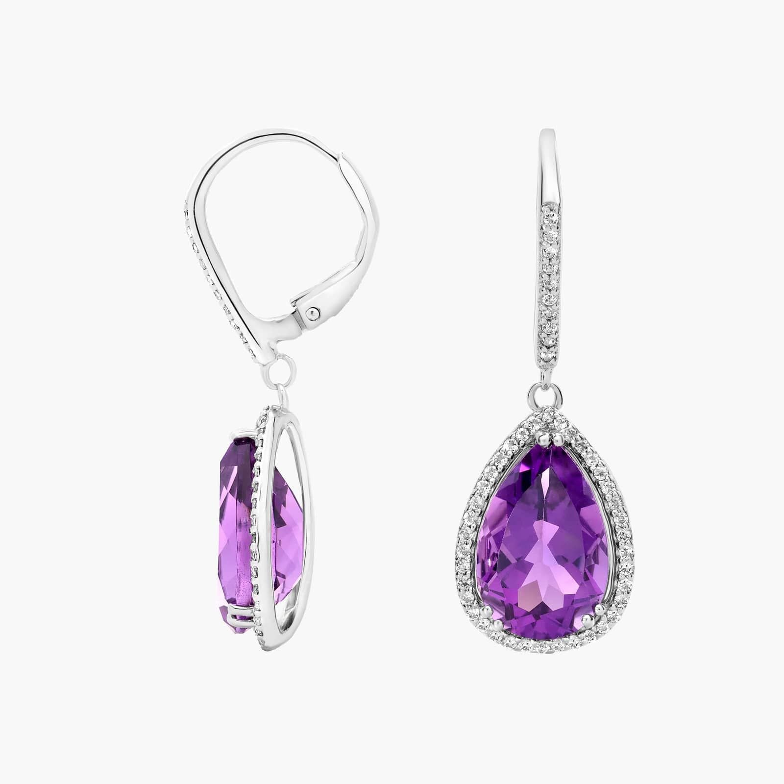 Sterling Silver Amethyst Teardrop Diamond Drop Earrings