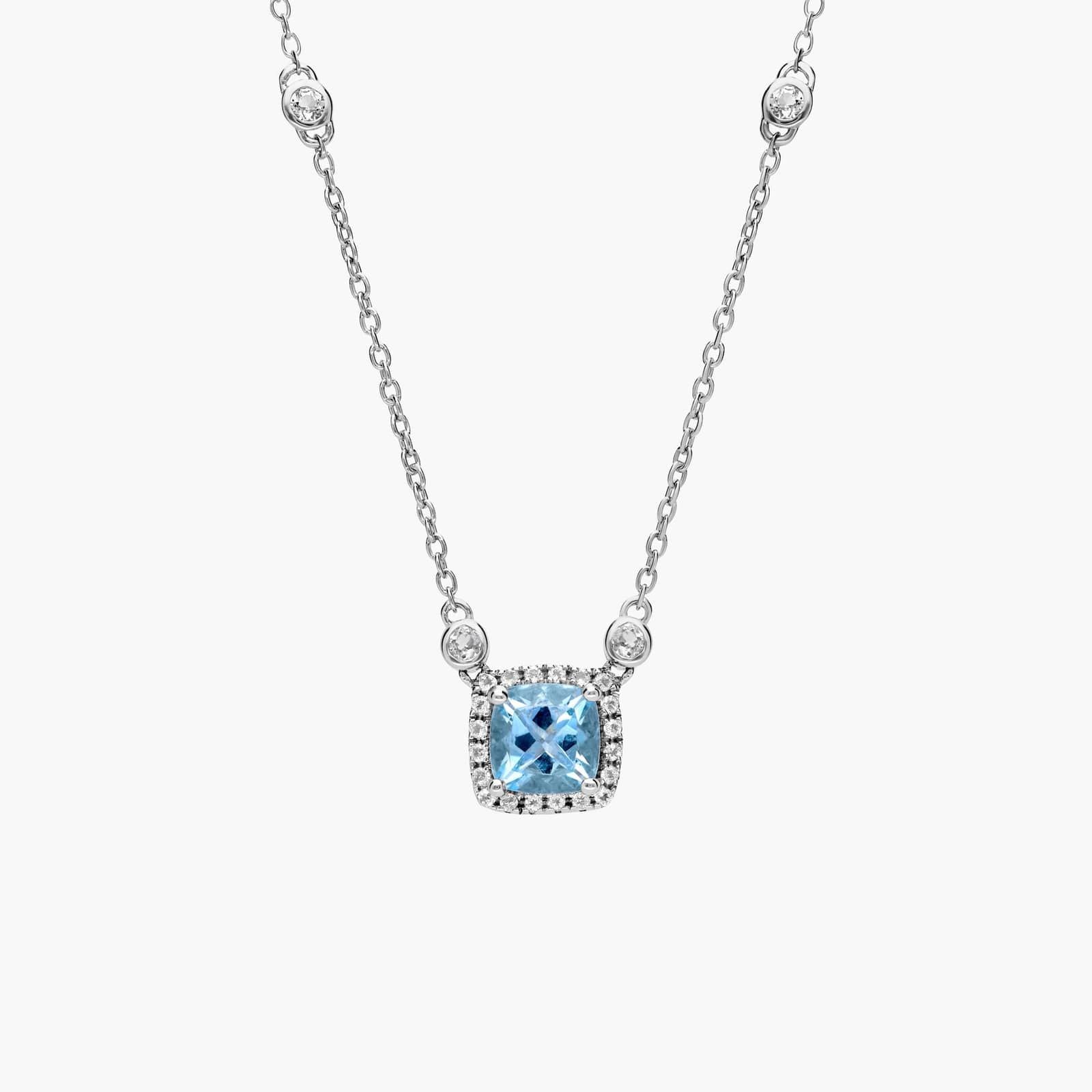 Sterling Silver Aquamarine Diamond Cushion Pendant Chain Necklace