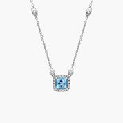 Sterling Silver Aquamarine Diamond Cushion Pendant Chain Necklace