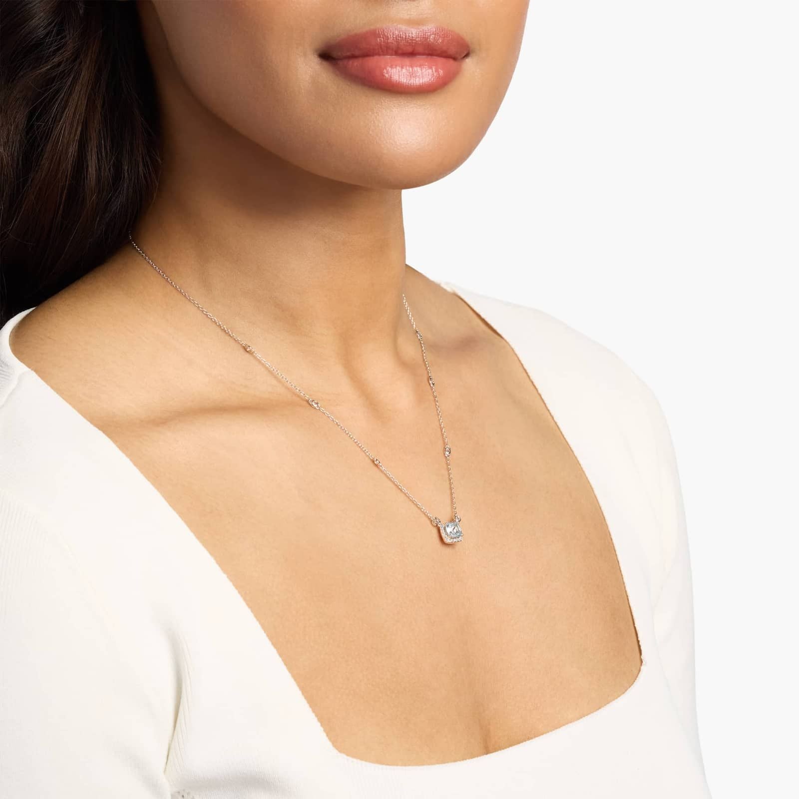Sterling Silver Aquamarine Diamond Cushion Pendant Chain Necklace