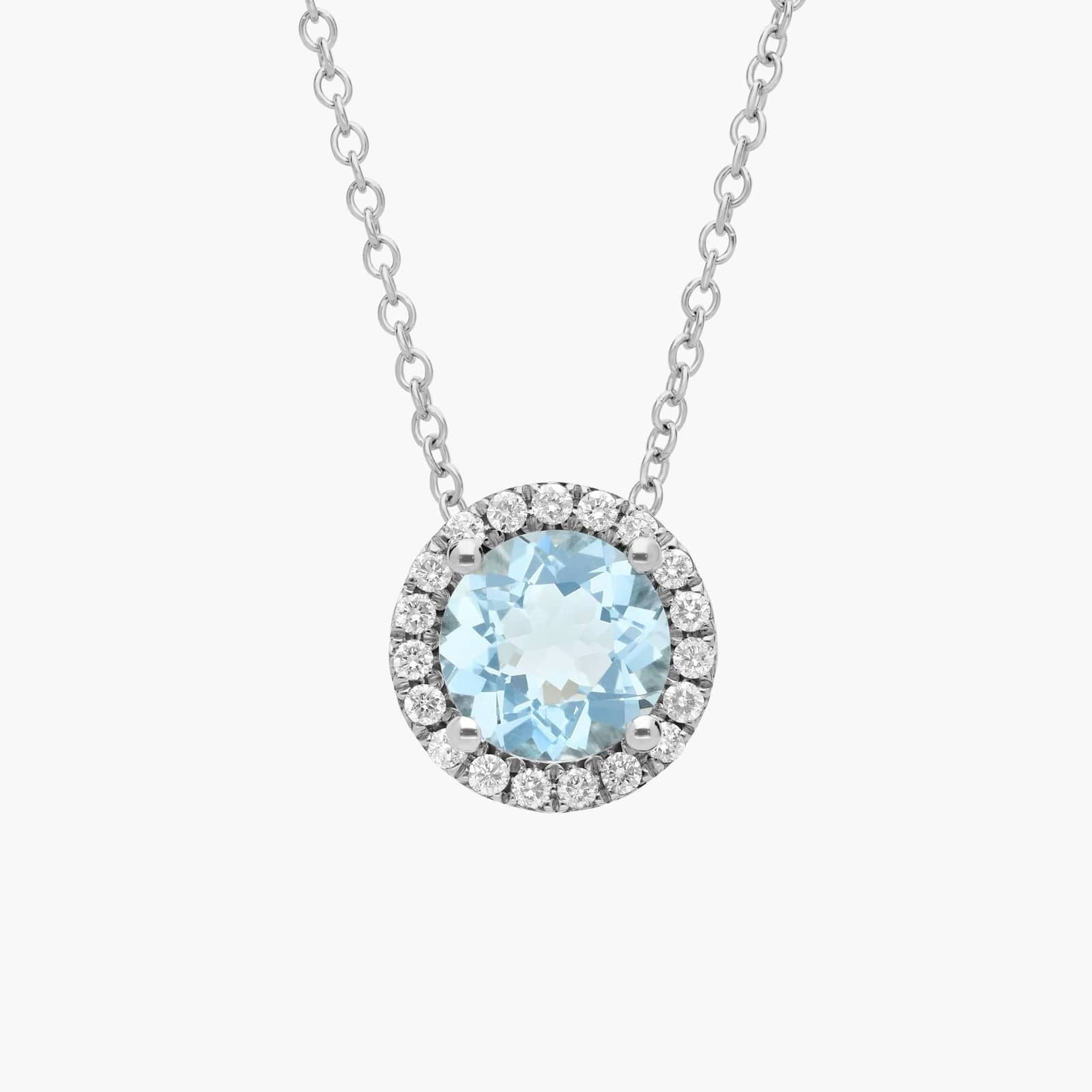 Sterling Silver Blue Topaz Diamond Halo Pendant Chain Necklace