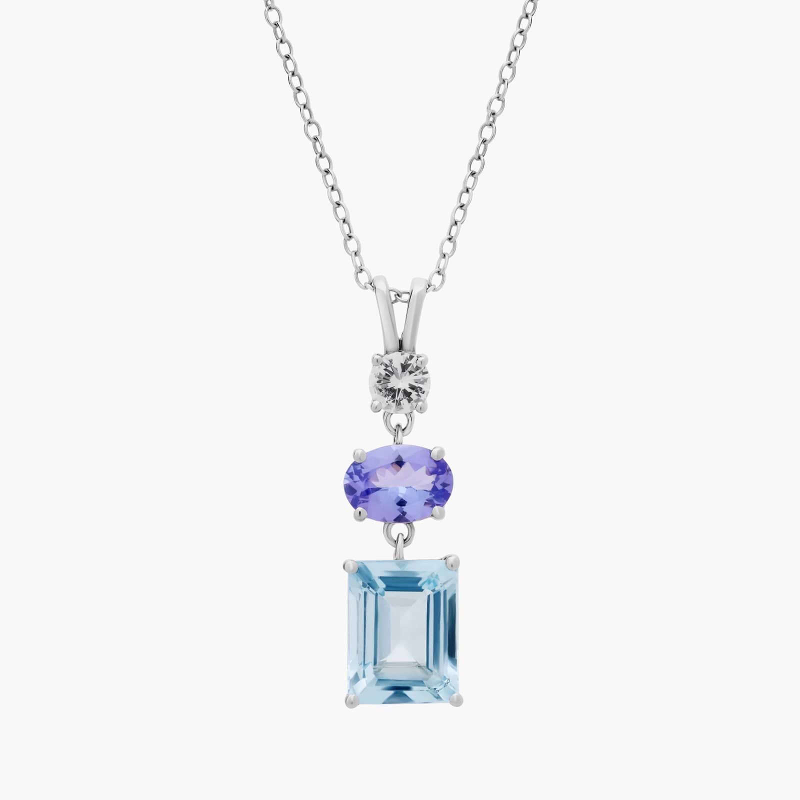 Sterling Silver Aquamarine Tanzanite Triple Drop Diamond Pendant Necklace