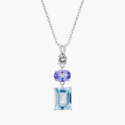 Sterling Silver Aquamarine Tanzanite Triple Drop Diamond Pendant Necklace