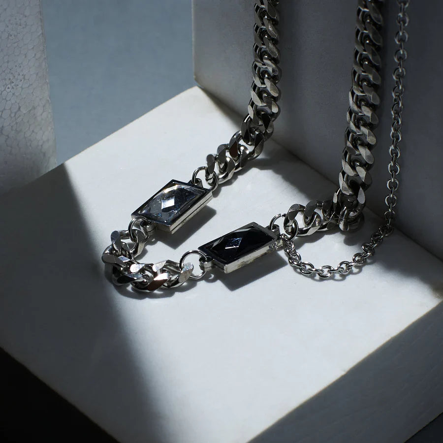 Sterling Silver Black Stone Link Chain Necklace for Men