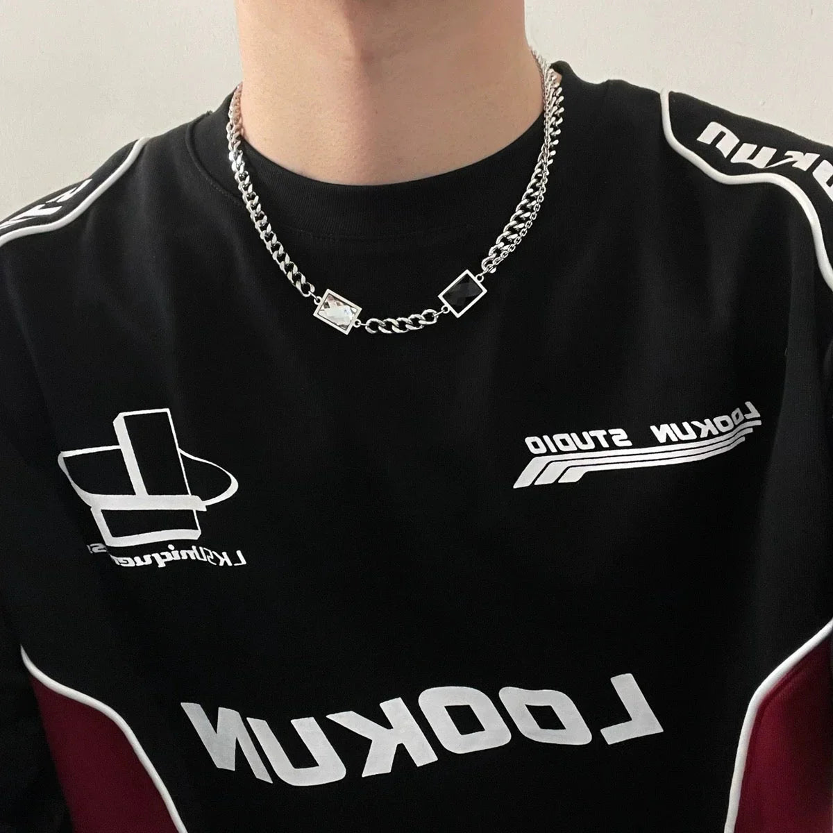 Sterling Silver Black Stone Link Chain Necklace for Men
