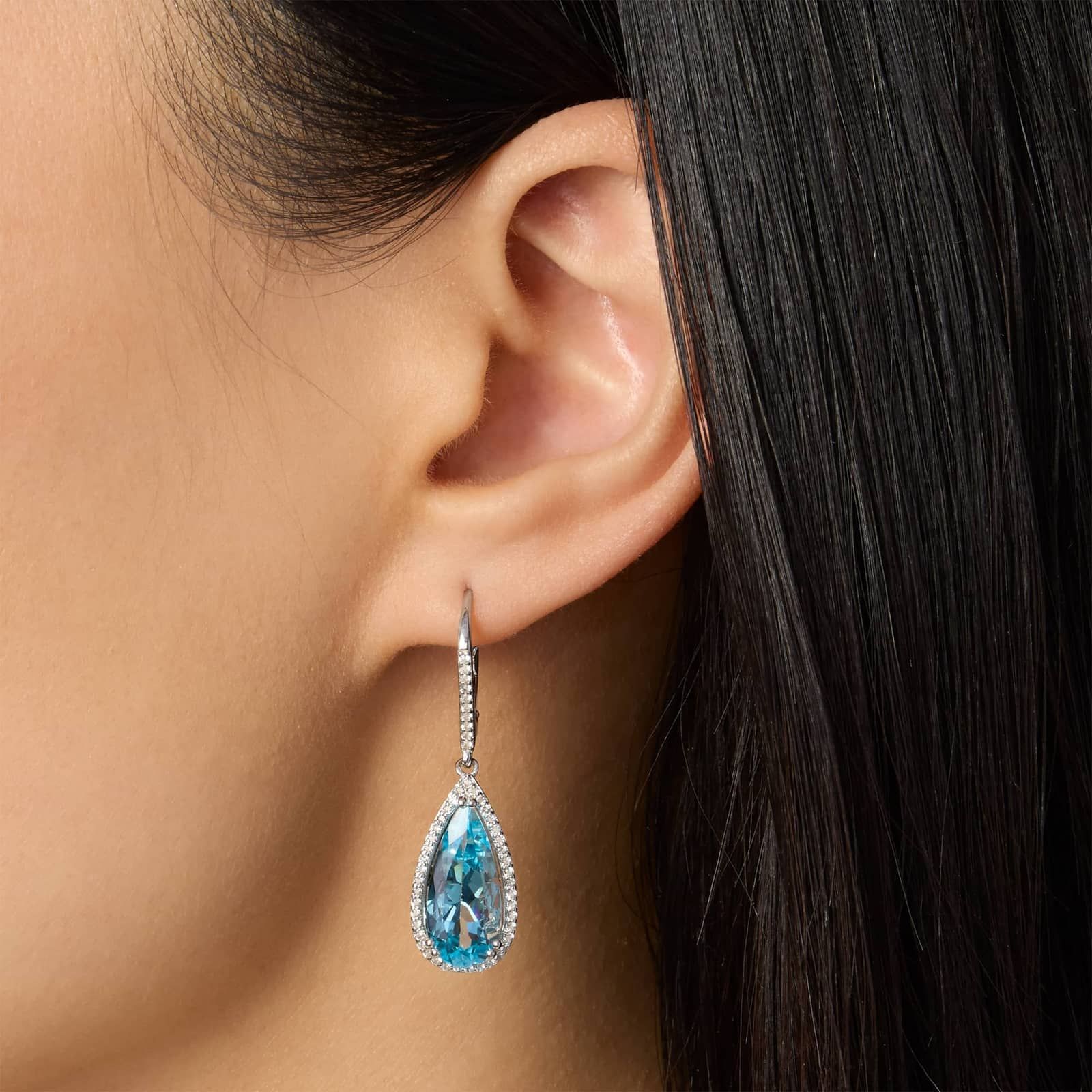 Sterling Silver Blue Pear Drop Diamond Halo Earrings